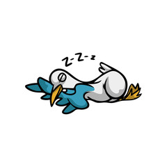 Cute tired seagull bird is sleeping on soft pillow