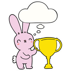 cute cartoon rabbit with sports trophy cup and thought bubble