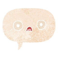 cute cartoon face and speech bubble in retro textured style