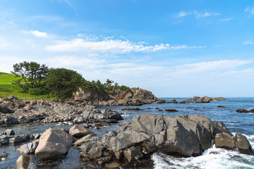 Beautiful Tanesashi kaigan Coast. The coastline includes both sandy and rocky beaches, and grassy meadows scenic views