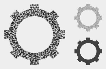 Mosaic Cog icon organized from round and square elements in different sizes, positions and proportions. Vector spheric and square spots are organized into abstract mosaic cog icons.