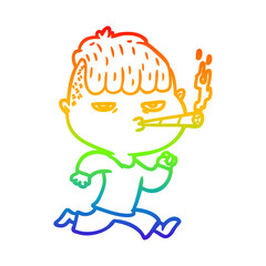 rainbow gradient line drawing cartoon man smoking whilst running