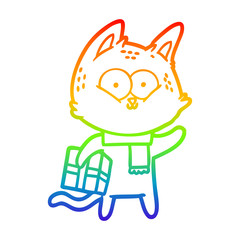 rainbow gradient line drawing cartoon cat holding christmas present