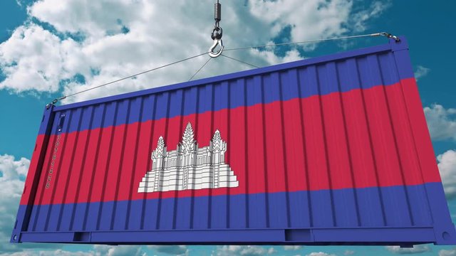 Loading container with flag of Cambodia. Cambodian import or export related conceptual 3D animation