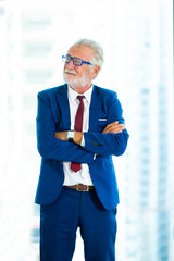 Portrait of senior businessman in front of his modern office. Portrait of a handsome CEO smiling