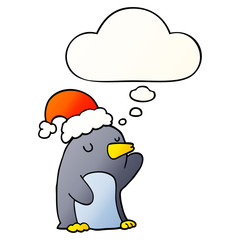 cute cartoon christmas penguin and thought bubble in smooth gradient style
