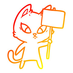 warm gradient line drawing confused cartoon cat with protest sign