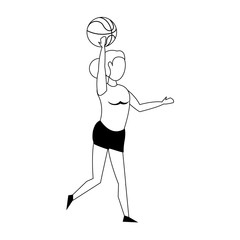 Fitness woman playing basketball sport isolated cartoon in black and white