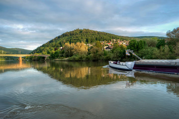 View of the Neckar near Eberbach on the long-distance hiking trail Neckarsteig in Germany