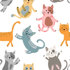 Seamless pattern  with cute cats. Great design for kids apparel, fabric, textile, packaging. Hand drawn vector illustration.