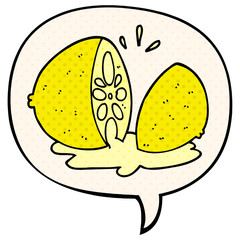cartoon cut lemon and speech bubble in comic book style