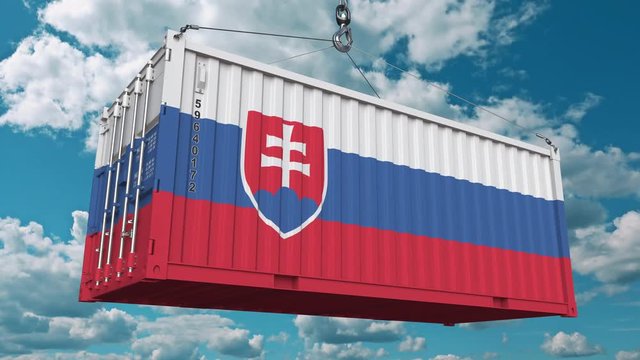 Cargo container with flag of Slovakia. Slovak import or export related conceptual 3D animation