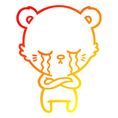 warm gradient line drawing crying cartoon bear with folded arms
