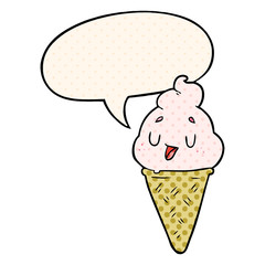cute cartoon ice cream and speech bubble in comic book style