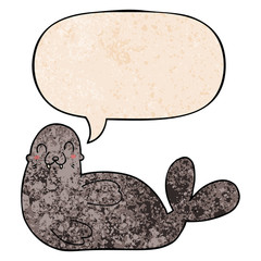 cartoon seal and speech bubble in retro texture style