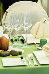 Luxury wedding party dinner table setting concept.