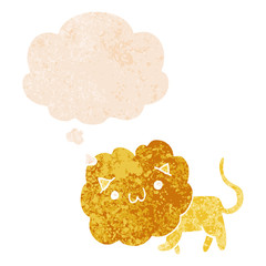 cartoon lion and thought bubble in retro textured style