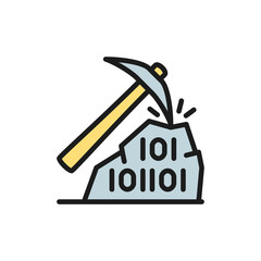 Pickaxe with binary stone code, blockchain, cryptocurrency flat color icon.