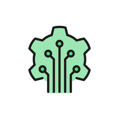 Gear wheel with closed contacts, blockchain, cryptocurrency flat color icon.