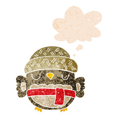 cute cartoon owl in hat and thought bubble in retro textured style
