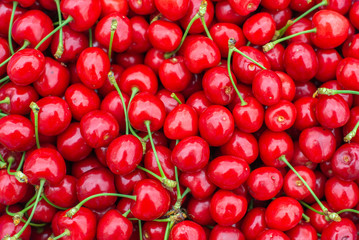 Fresh sweet red cherry texture. Ripe sweet cherry. Summer berry. Garden harvest. Fresh berries. Harvest of sweet cherries. Ripe red cherry close-up.