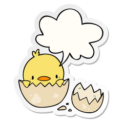 cute cartoon chick hatching from egg and speech bubble sticker