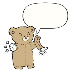 cartoon teddy bear and torn arm and speech bubble