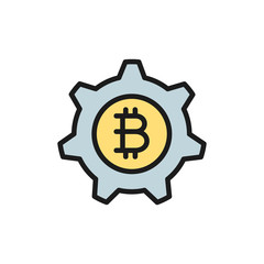 Gear wheel with bitcoin, blockchain, cryptocurrency flat color icon.
