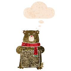 cartoon bear and thought bubble in retro textured style