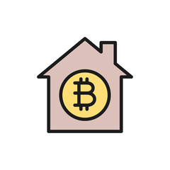 House with bitcoin coin, cryptocurrency protection flat color icon.
