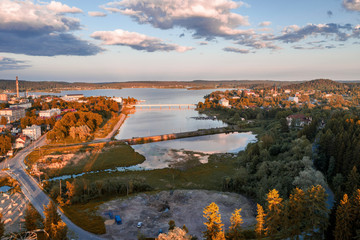 Scenic aerial view of small ancient touristic town Sortavala near Ladoga lake in Karelia. Beautiful summer sunny look of popular historic city on the North of Russian Federation