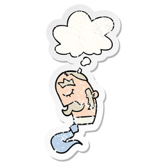 cartoon man with mustache and thought bubble as a distressed worn sticker