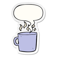 cartoon hot cup of coffee and speech bubble sticker