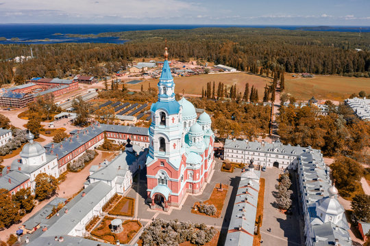 Scenic aerial view of Spaso-Preobrazhensky Cathedral of Valaam Monastery on Valaam island on Ladoga lake in Karelia. Beautiful summer sunny look of old orthodox temple on North of Russian Federation