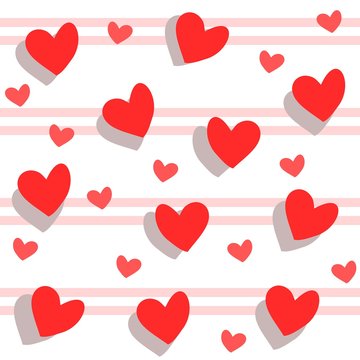 Seamless pattern with hearts with  shadows, red color on white background