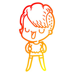 warm gradient line drawing cute cartoon girl with hipster haircut