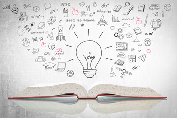 World intellectual property day and education concept with innovative light bulb on book with doodle