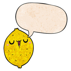 cartoon happy lemon and speech bubble in retro texture style