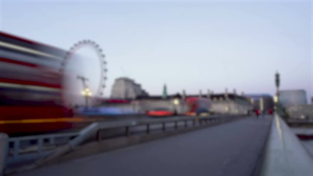 Out of Focus Timelapse of London Westminster Bridge in Evening With London Eye and House of Parliament in Background 4K