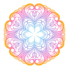 Round gradient mandala on white isolated background. Vector boho mandala in blue and pink colors.