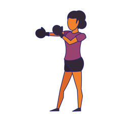 Fitness woman training boxing with gloves blue lines