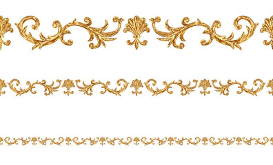 Baroque style golden ornamental segments seamless pattern. Hand drawn gold border frame