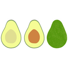 Set avocado in three types – whole in the skin, cut with bone, cut without bone. On white background. Vector illustration. - 277021787