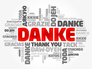 Danke (Thank You in German) word cloud background in different languages
