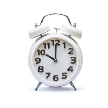 White alarm clock at 10 ten o'clock isolated on white background (clipping path):