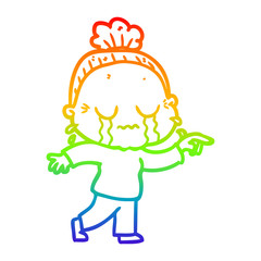 rainbow gradient line drawing cartoon crying old lady