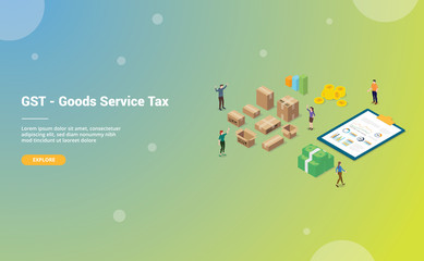 gst goods service tax with big words and people team business with modern isometric for website template or landing homepage - vector