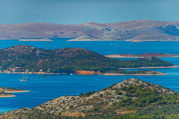 Naklejka na ściany i meble Vransko Lake and Kornati Islands. View from Kamenjak hill. Dalmatia, Croatia.