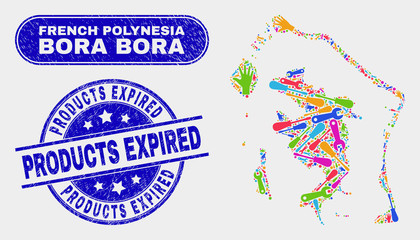 Construction Bora-Bora map and blue Products Expired distress seal stamp. Bright vector Bora-Bora map mosaic of machinery elements. Blue round Products Expired stamp. - obrazy, fototapety, plakaty