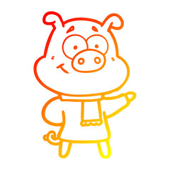 warm gradient line drawing happy cartoon pig wearing warm clothes